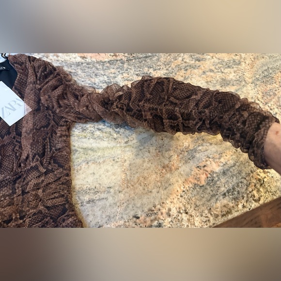 Zara Elegant Brown Snake Print Dress with ruching. Size S. NWT - Picture 10 of 15